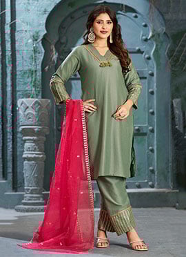 Embroidered Lace Silk In A Olive Green Radiant Straight Pant Suit