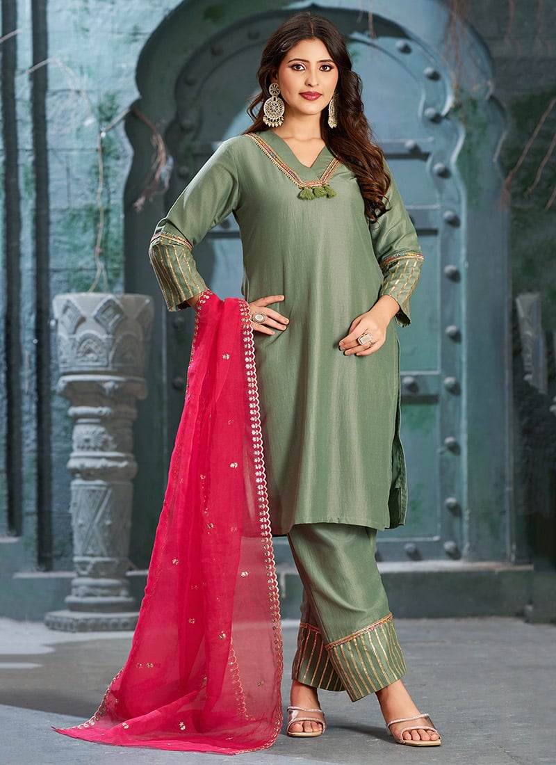 Embroidered Lace Silk In A Olive Green Radiant Straight Pant Suit Festive Wear