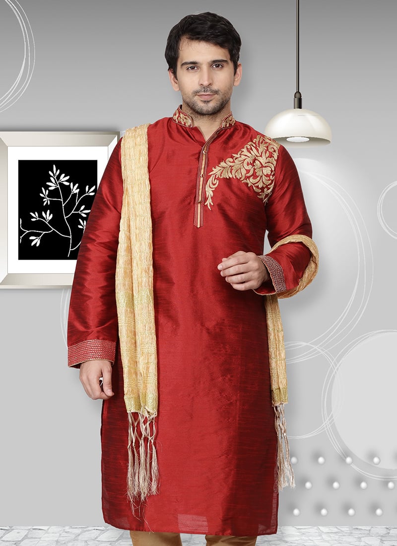 Embroidered Maroon Dupion Silk Kurta
