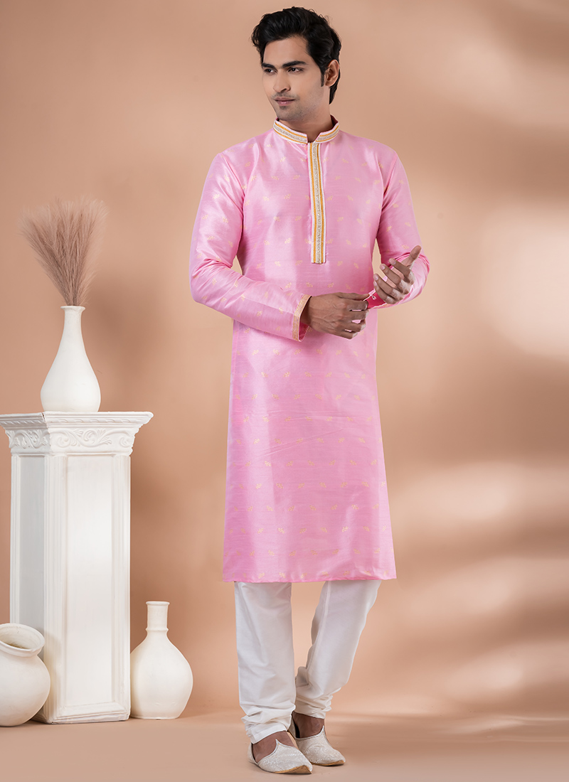 Embroidered Mulberry Silk Pink Kurta Pyjama Party Wear