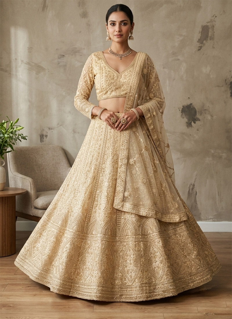 Embroidered Net Lehenga in Chikoo After Six Wear