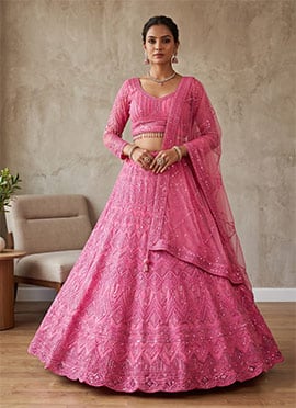 Embroidered Net Lehenga in Pink