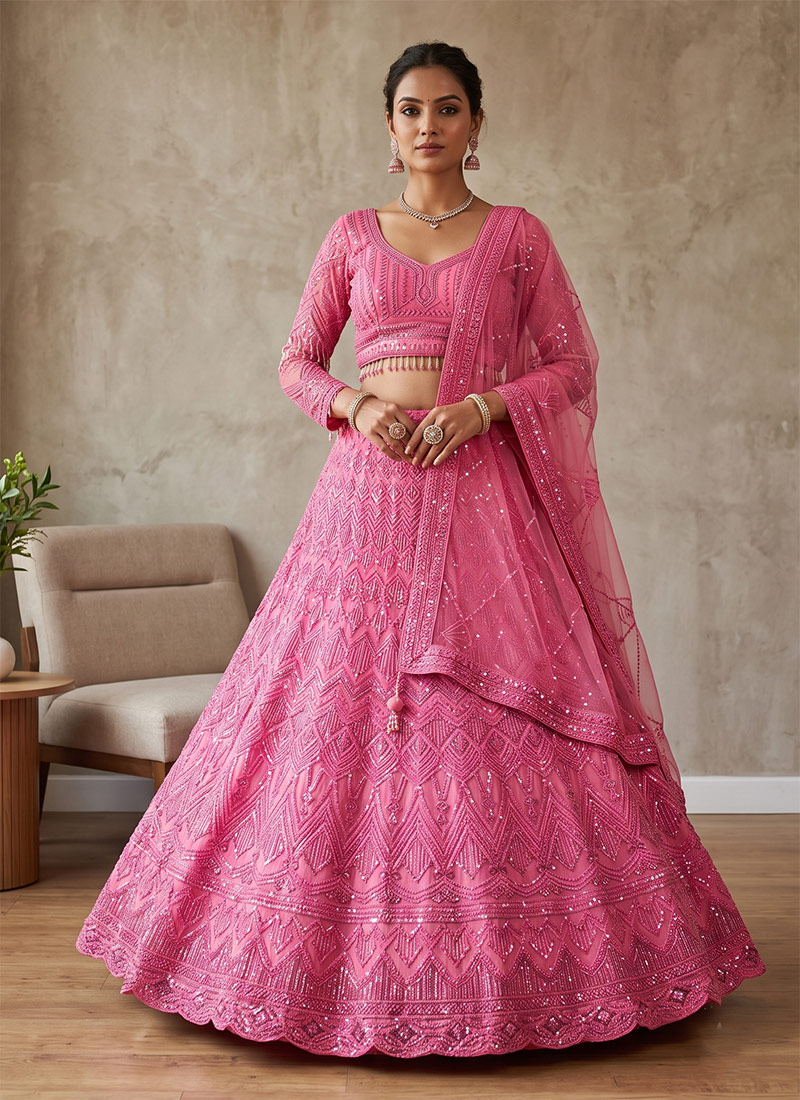 Embroidered Net Lehenga in Pink After Six Wear