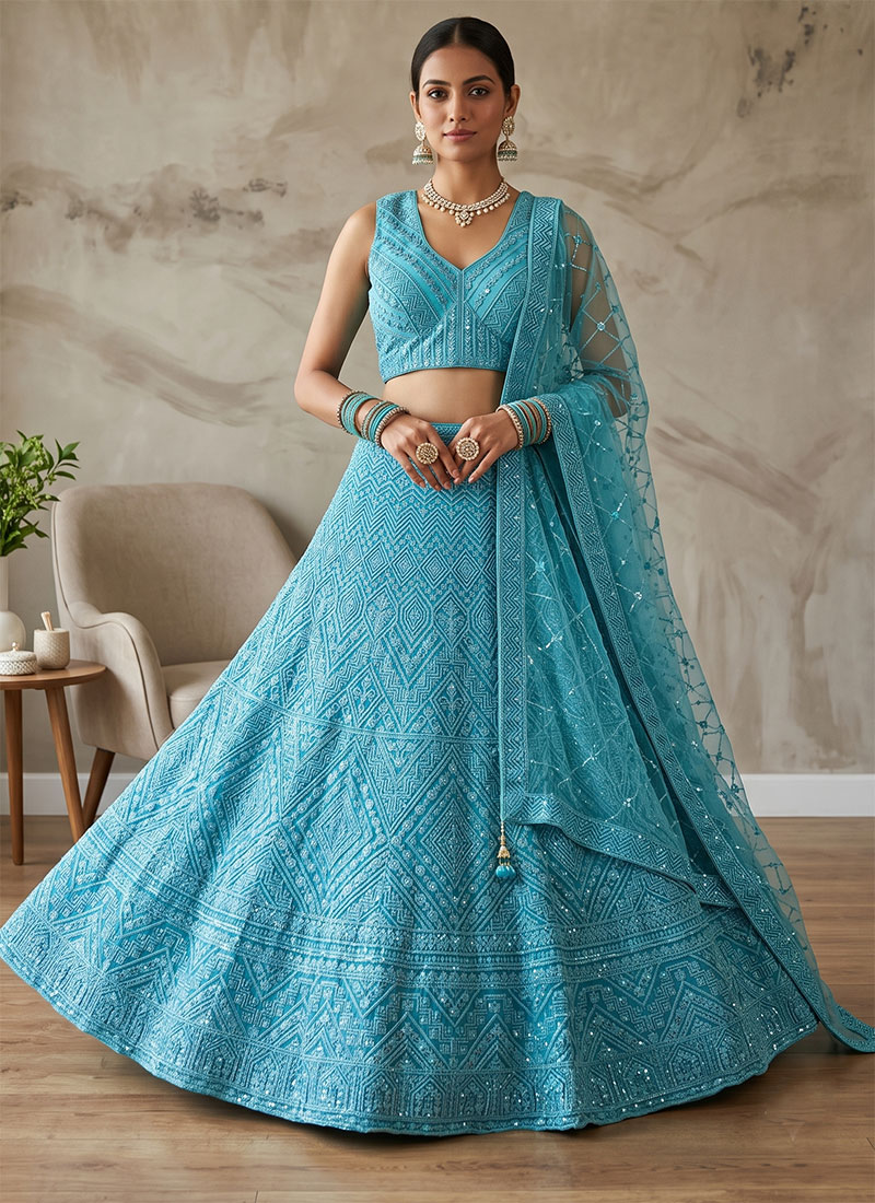 Embroidered Net Lehenga in Sky Blue After Six Wear