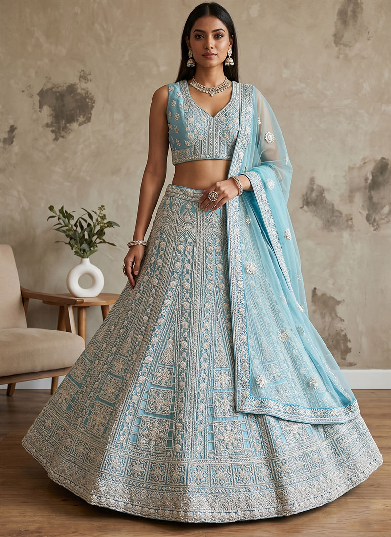 Embroidered Net Umbrella Lehenga In Light Blue After Six Wear