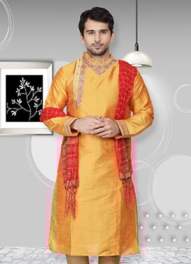 Embroidered Orange Dupion Silk Kurta