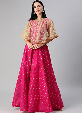 Embroidered Pink N Beige Cape Style Gown