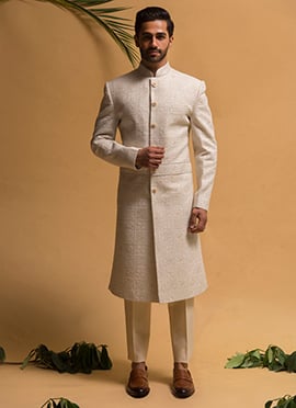 Embroidered Reham Cream Silk Indowestern Sherwani