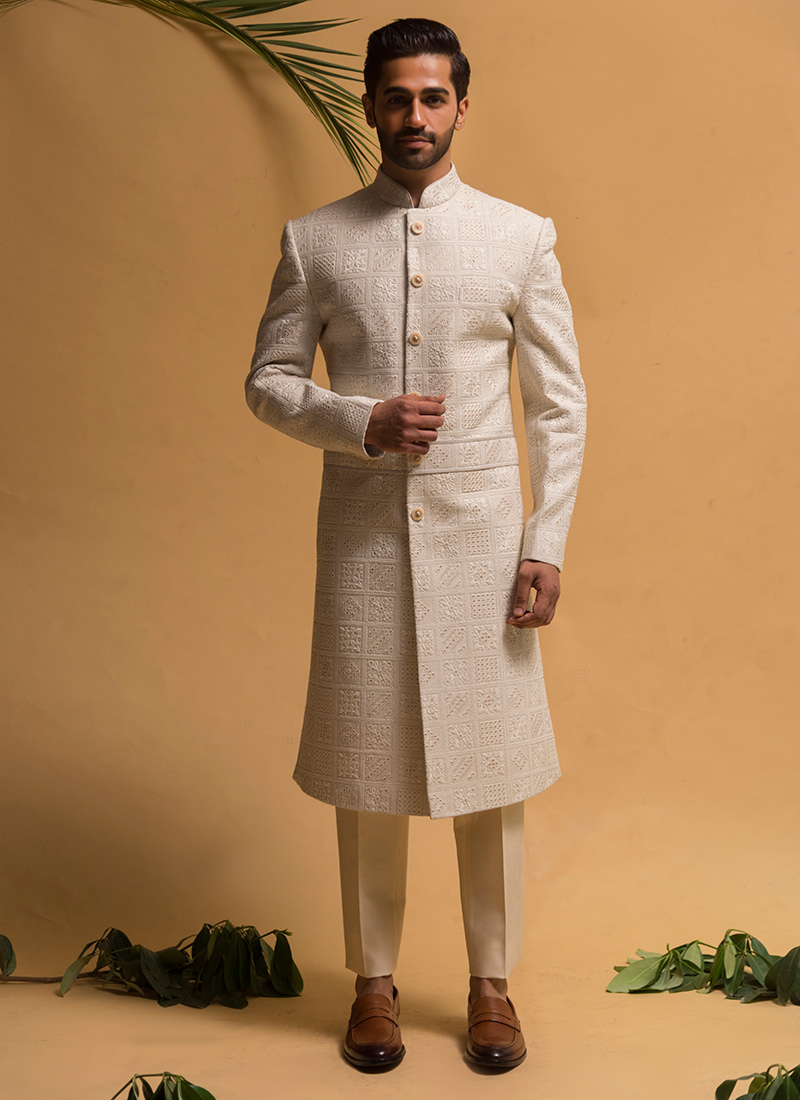 Embroidered Reham Cream Silk Indowestern Sherwani