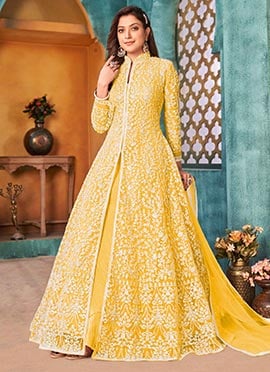 Embroidered Sequins Anarkali Suit In Yellow Net For Indian Ethnic Wear