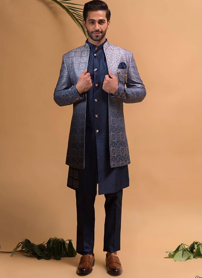 Embroidered Sequins Blue Silk Indowestern Sherwani