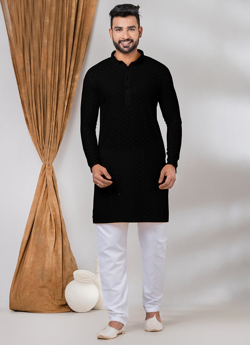 Embroidered Sequins Cotton Black Kurta Pyjama Party Wear