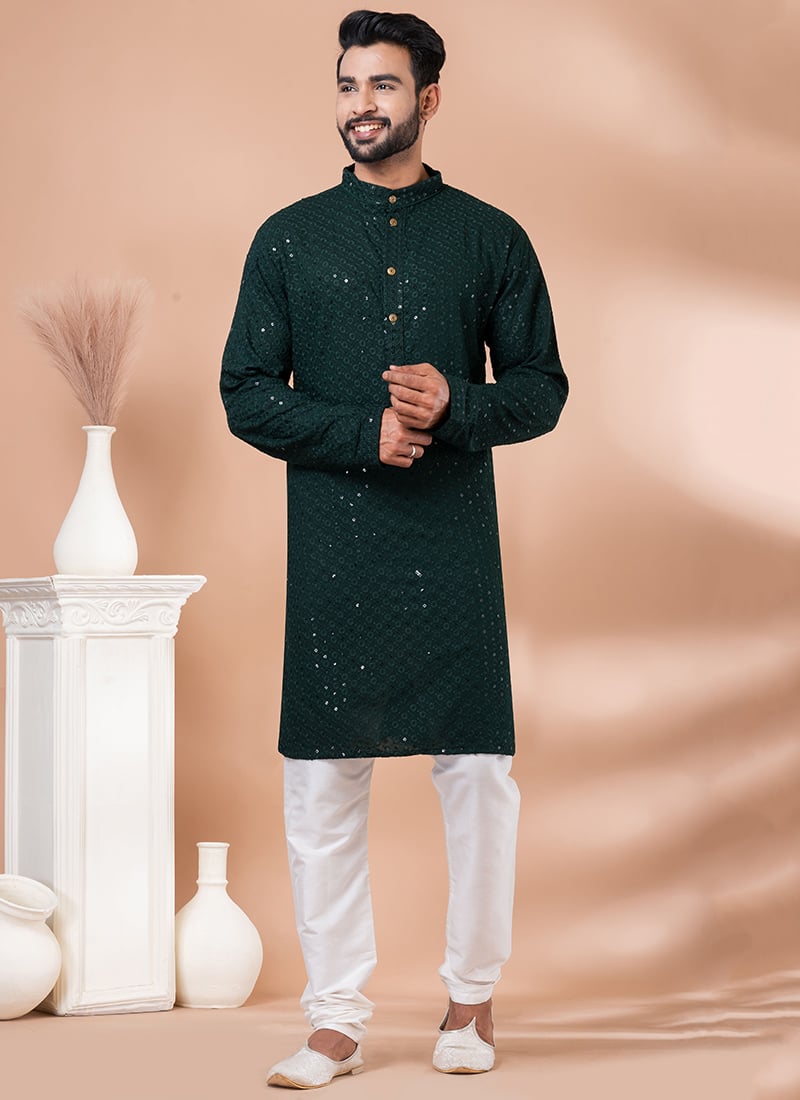 Embroidered Sequins Cotton Green Kurta Pyjama Party Wear
