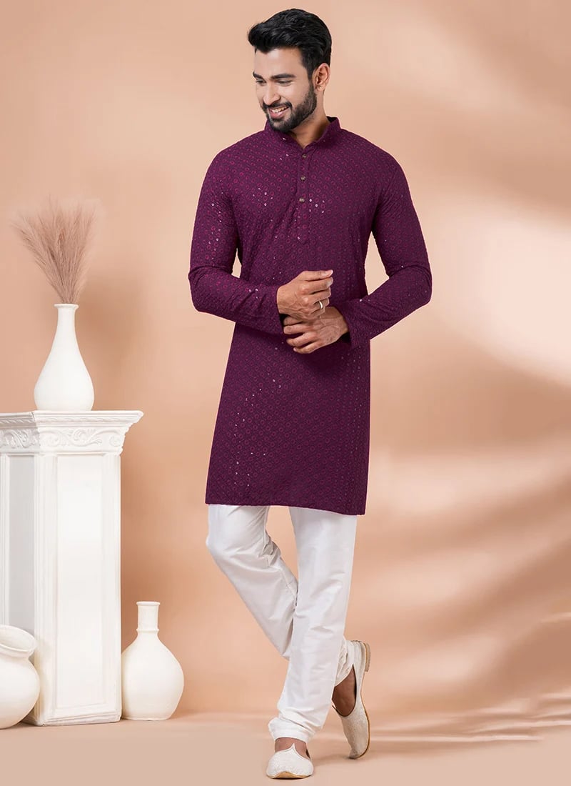 Embroidered Sequins Cotton Magenta Kurta Pyjama Party Wear