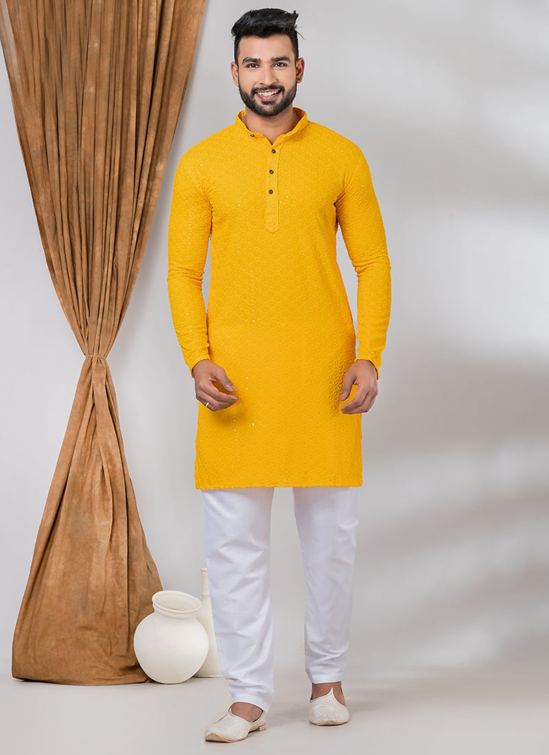 Embroidered Sequins Cotton Mustard Kurta Pyjama