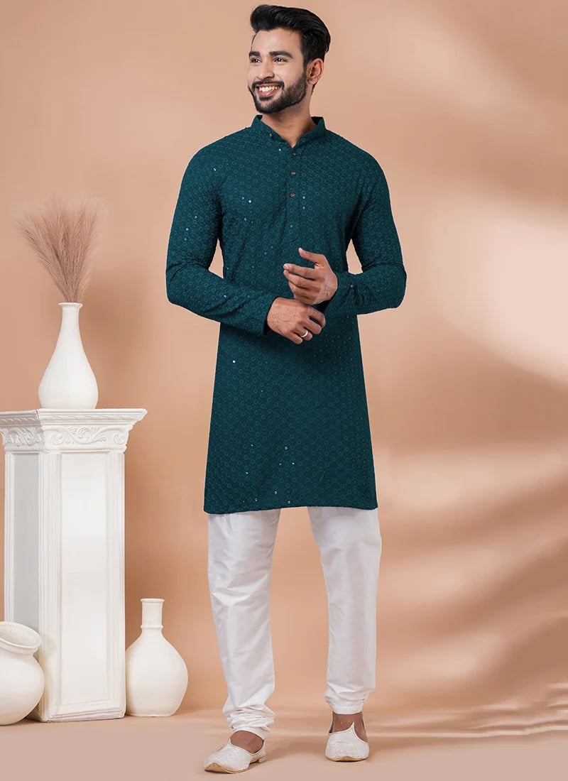 Embroidered Sequins Cotton Teal Kurta Pyjama Party Wear