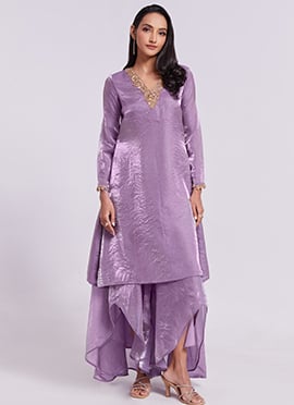 Embroidered Sequins Cut Dana Work Lavender Organza Kurta Palazzo Set