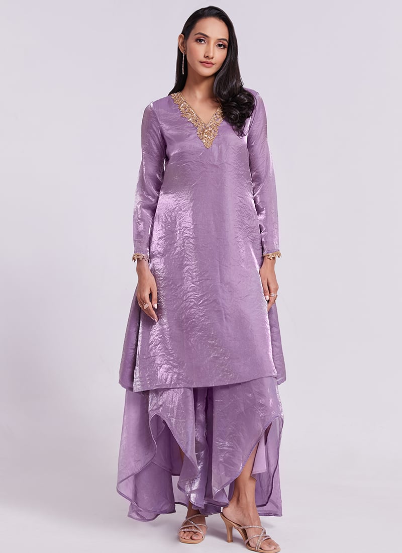 Embroidered Sequins Cut Dana Work Lavender Organza Kurta Palazzo Set After Six Wear