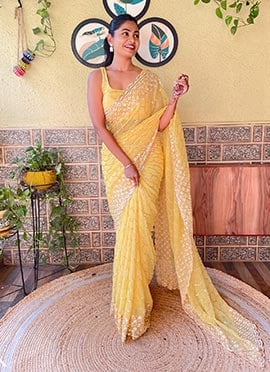 Embroidered Sequins Faux Georgette Yellow Saree 