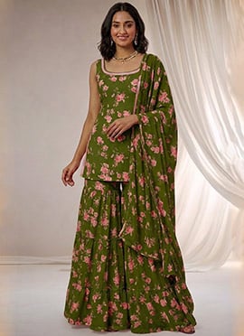 Embroidered Sequins Georgette Sharara Suit In Green