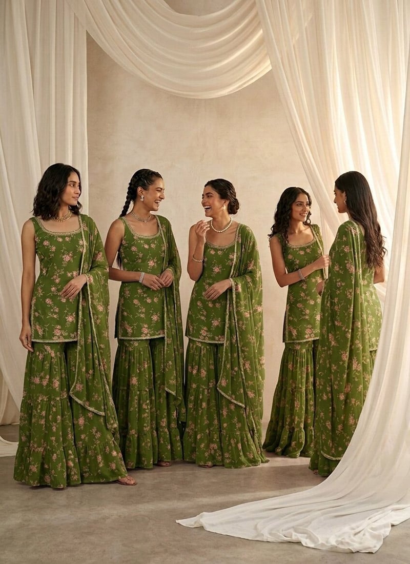 Embroidered Sequins Georgette Sharara Suit In Green After Six Wear