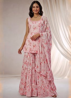 Embroidered Sequins Georgette Sharara Suit In Off White