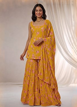 Embroidered Sequins Georgette Sharara Suit In Yellow