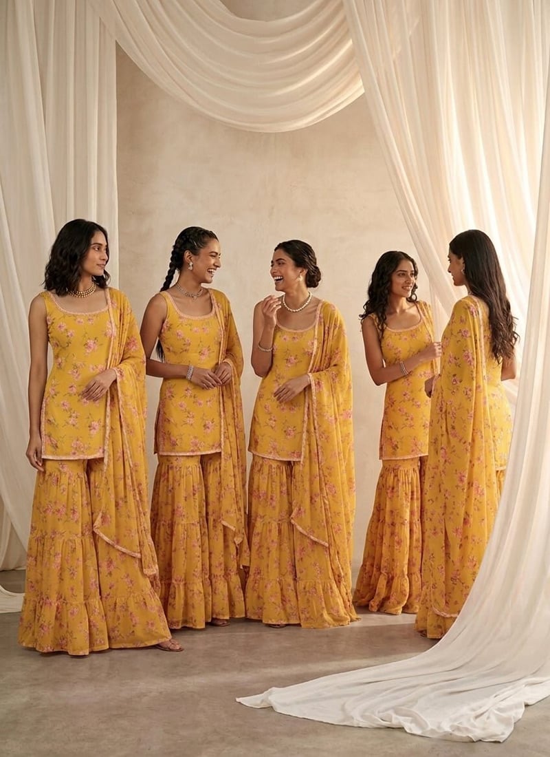 Embroidered Sequins Georgette Sharara Suit In Yellow After Six Wear