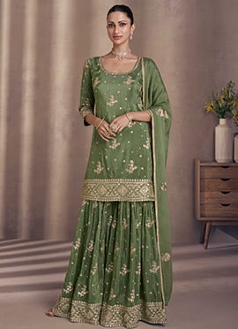 Embroidered Sequins Green Palazzo Suit