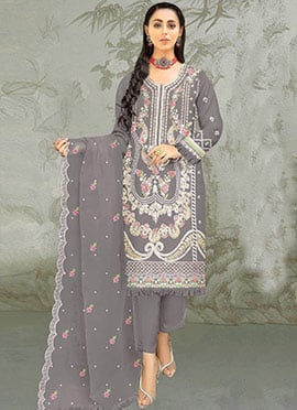 Embroidered Sequins Grey Organza Pakistani Suit
