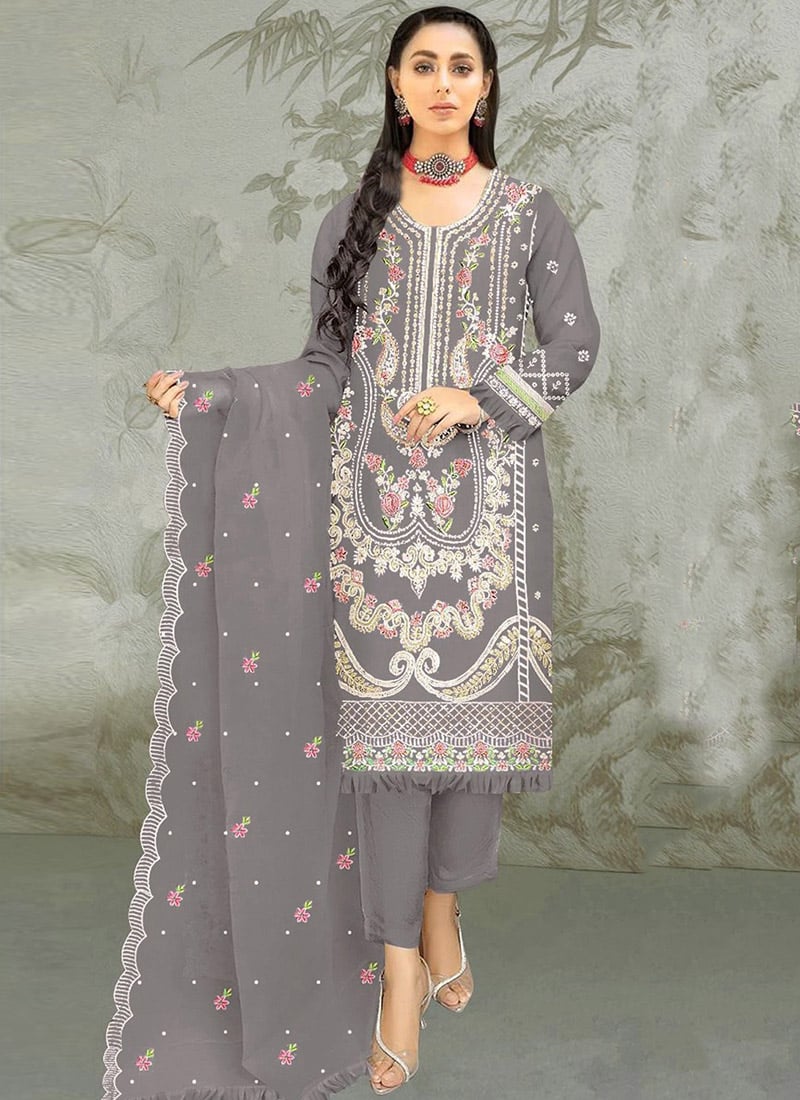 Embroidered Sequins Grey Organza Pakistani Suit