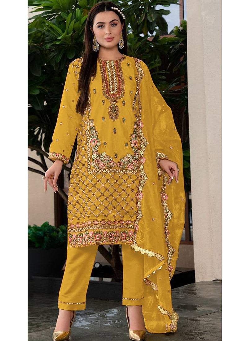 Embroidered Sequins In Yellow Faux Georgette Straight Pant Suit With Dupatta Party Wear