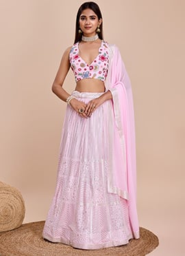 Embroidered Sequins Lehenga In Baby Pink Georgette With Choli And Dupatta