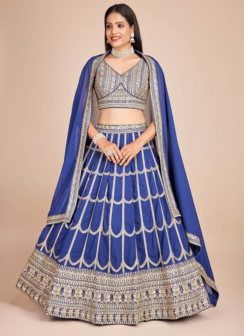 Embroidered Sequins Lehenga In Blue Faux Georgette With Choli And Dupatta Party Wear