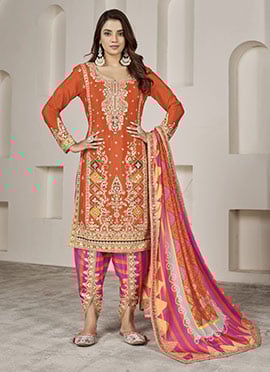 Embroidered Sequins Mirror Work Orange Dhoti Suit