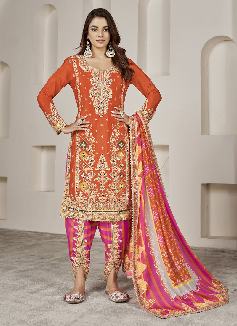 Embroidered Sequins Mirror Work Orange Dhoti Suit Party Wear