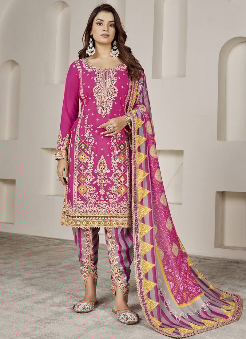 Embroidered Sequins Mirror Work Pink Dhoti Suit Party Wear