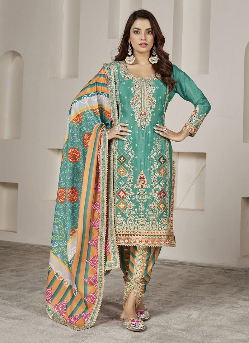 Embroidered Sequins Mirror Work Turquoise Dhoti Suit