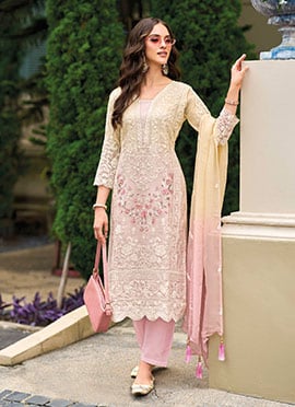 Embroidered Sequins Organza Peach Straight Pant Suit