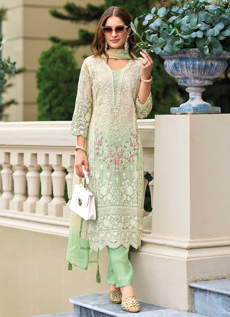 Embroidered Sequins Organza Pista Green Straight Pant Suit Party Wear