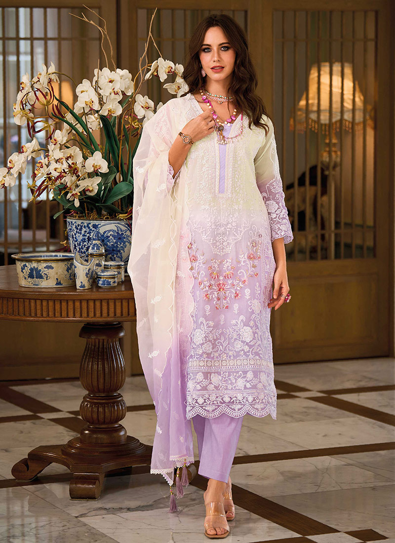 Embroidered Sequins Organza Purple Straight Pant Suit Party Wear