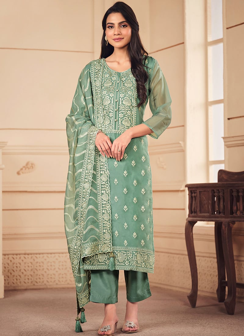 Embroidered Sequins Organza Turquoise Straight Pant Suit Party Wear