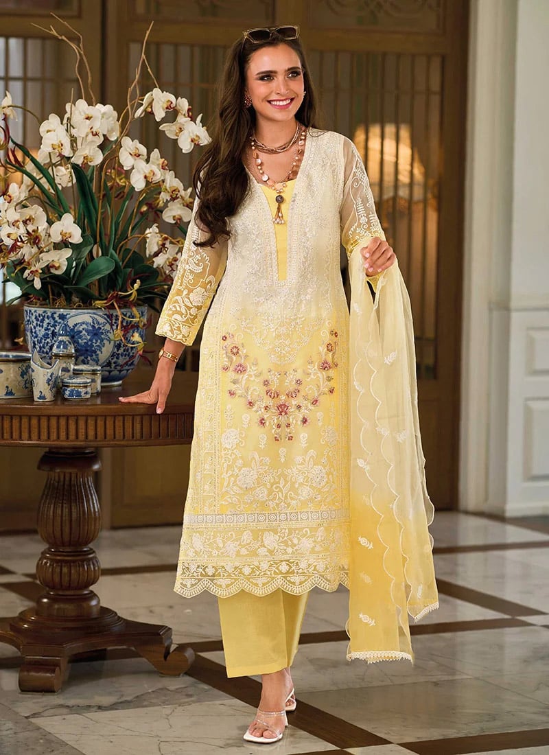 Embroidered Sequins Organza Yellow Straight Pant Suit Party Wear