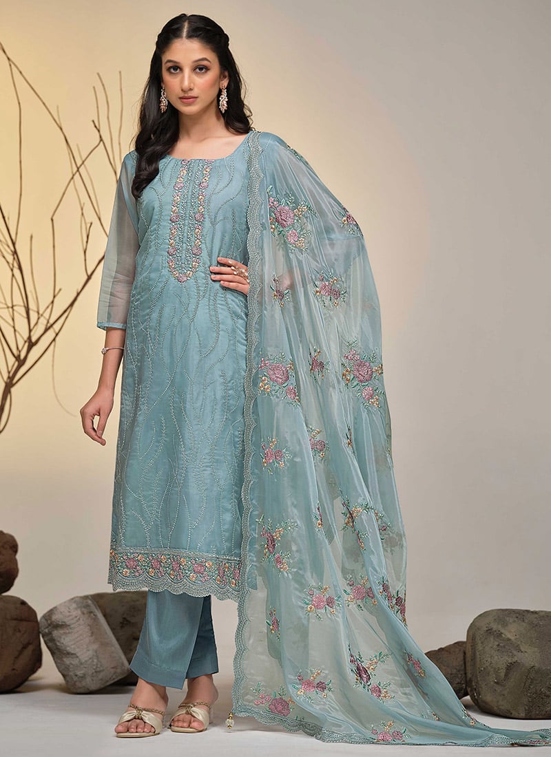 Embroidered Sequins Powder Blue Organza Straight Pant Suit With Dupatta Party Wear
