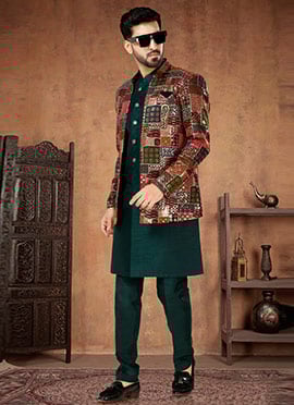 Embroidered Sequins Silk Green Indowestern Sherwani