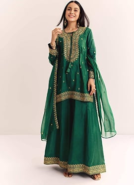 Embroidered Silk Cotton Blend Palazzo Suit In Green