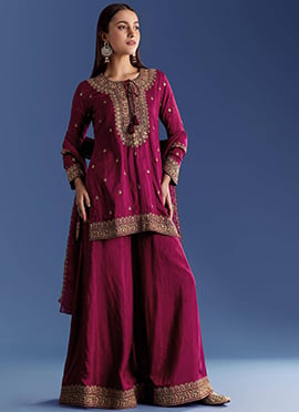 Embroidered Silk Cotton Blend Palazzo Suit In Maroon