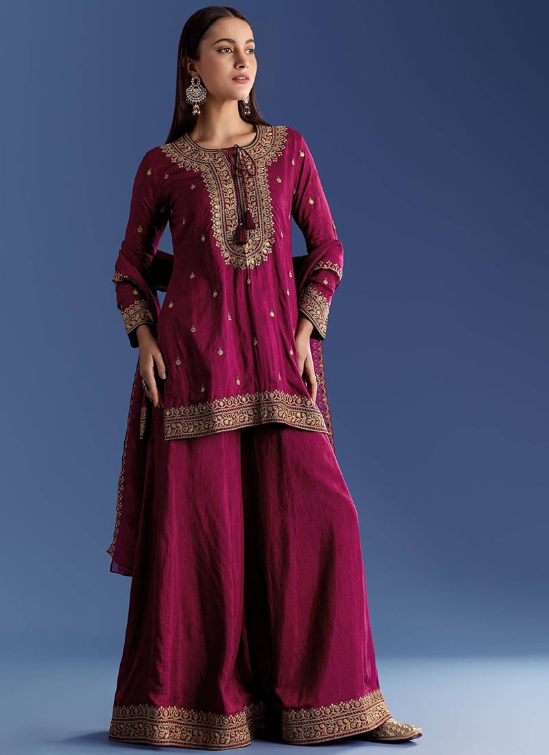 Embroidered Silk Cotton Blend Palazzo Suit In Maroon After Six Wear