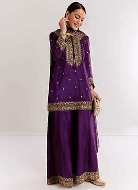 Embroidered Silk Cotton Blend Palazzo Suit In Purple