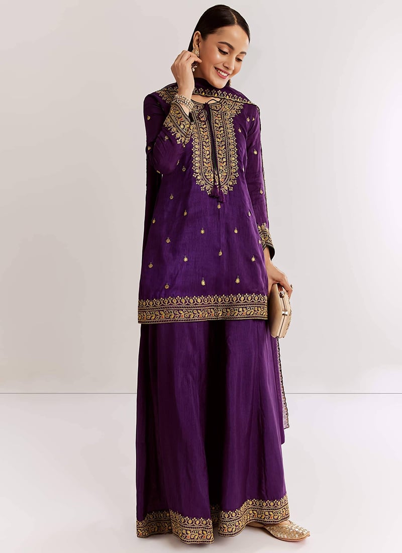 Embroidered Silk Cotton Blend Palazzo Suit In Purple After Six Wear